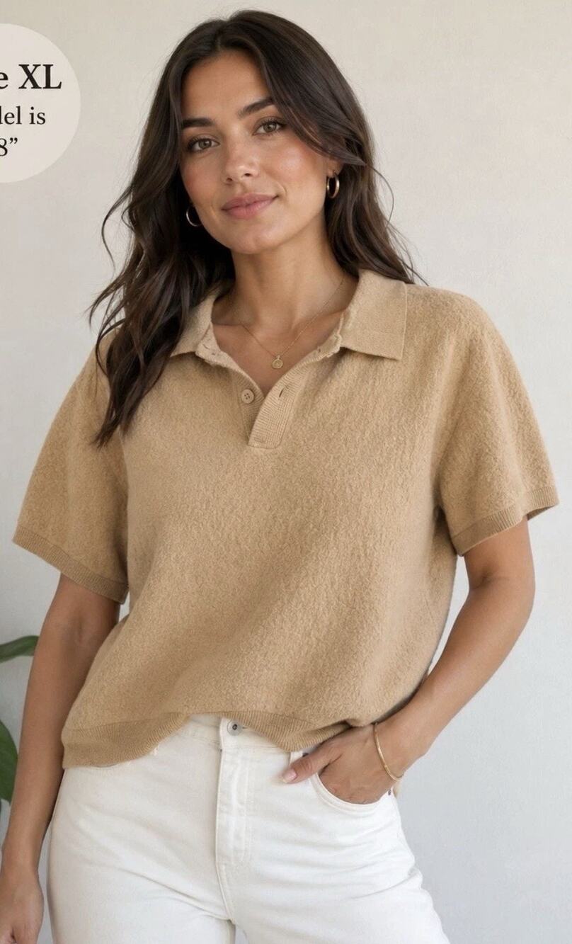 The Commons Beige Polo Short Sleeve Sweater Sz Large Preppy Office Wear Modern
